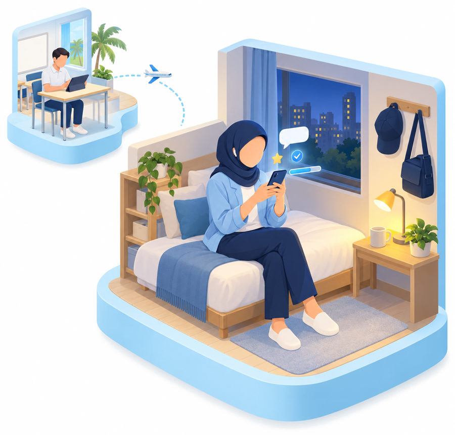 仕事を終えて寮の部屋に戻った受講生が、ベッドに腰かけて自分のスマートフォンで日本語を学んでいる絵。左上の小さな絵は、バリの学校でタブレットを使って学ぶ様子で、点線と飛行機でつながっている